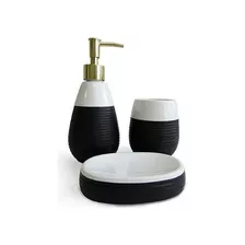 Kit Jogo Banheiro Lavabo Porta Sabonete 3 Pçs Preto Branco