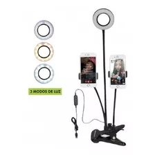 Ring Light Led Com Suporte P/2 Celular - 3 Modos De Luz Nf-e