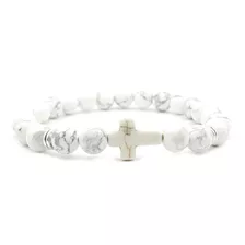 Pulsera De Cuentas Con Cruz De Piedra Natural Blanca J85