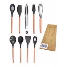 Set X 9 Kit Utensilios De Cocina Mango Madera Punta Silicona