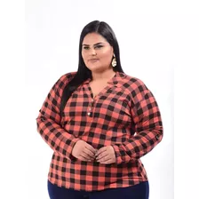  Camisa Xadrez Salmâo Tecido Viscose Feminino