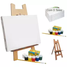 Kit 5 Telas P/ Pintura 30x40 + Cavalete + 06 Tintas + Pincel