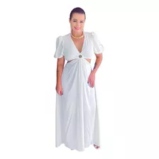 Vestido Branco Manga Princesa Com Decote Moda Vazado Lateral