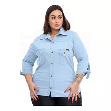 Camisa Jeans Feminina Plus Size Manga 3/4 Com Laço - Clara