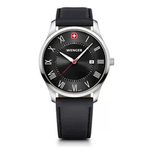 Reloj City Classic Correa De Cuero Negro, Dial Negro, Wenger Color De La Correa Negro Color Del Bisel Plateado Color Del Fondo Negro