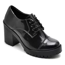 Sapato Oxford Feminino Salto Tratorado Em Verniz Preto