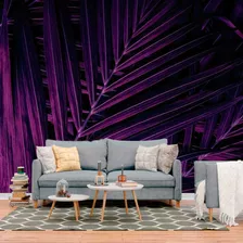 Papel De Parede Painel 3d Folhas Palmerias Roxo Escuro 4m