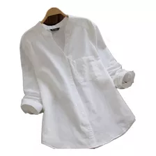 Camisa Casual De Lino Y Algodón De Manga Suelta Para Mujer C