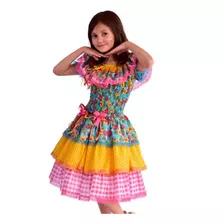 Vestido Festa Junina Infantil Caipira Floral Azul