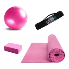 Set De Yoga Rosa Mat 3 Mm + Pelota + Bolso + Brick -gymtonic