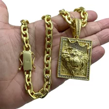 Corrente Cadeado Facetado 10mm Banhado Ouro +ping Leão Coroa
