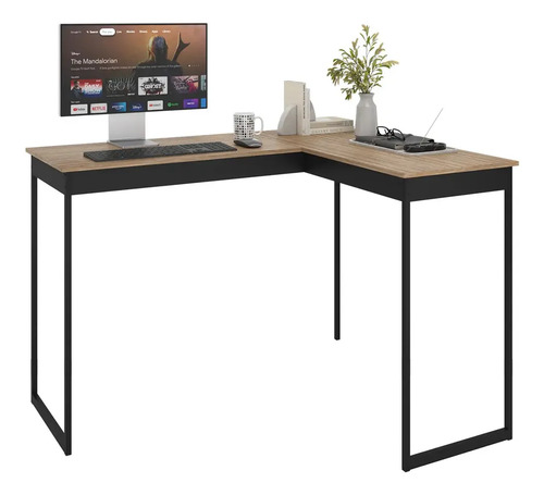 Mesa Home Office Em L Preta Para Setup Completo Madeira E Mel