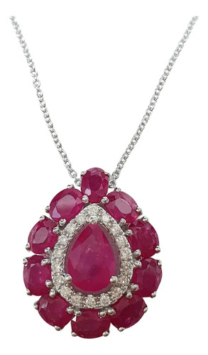Colar Gota De Rubis 3,20ct E Diamantes Ouro 18k 750 Branco