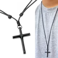 Colar Masculino Crucifixo Cruz Preto Fosco Cordão Ajustável
