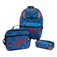 Kit Bolsa Mochila Lilo Stitch Estojo Lancheira Rodinha