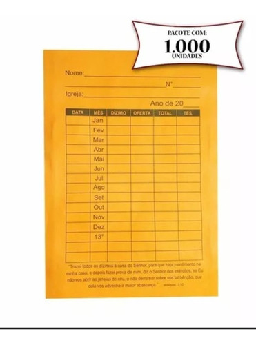 Envelope De Dízimo Anual C/1000 Unidades 