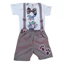 Kit Body + Short Pascoa Coelhinho Cinza Festa Mesversário