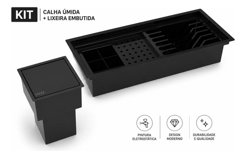 Kit Escorredor Embutido 50cm + Lixeira 4l Click - Preto Preto