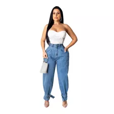 Calças Femininas Casuais Fashion Lace Up Jeans De Perna Larg