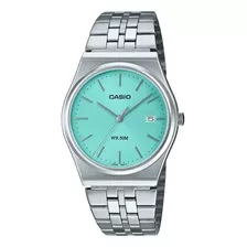 Reloj Casio Retro Standard Mtp-b145dc-2a1v Correa Plateado Bisel Plateado Fondo Turquesa