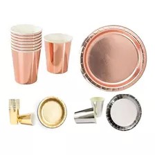 Set Platos Vasos Dorado Plateado Rosa Gold Descartables