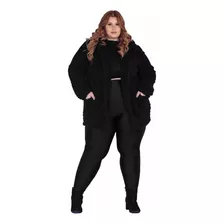 Casaco Feminino Plus Size Capuz E Bolsos Pelinho Inverno