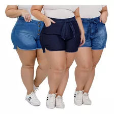 Kit 3 Short Jeans Feminino Atacado Plus Size Lycra Cós Alto