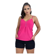 Blusa Regata Botões Feminina Pérolas Pedraria Alça Verão Top