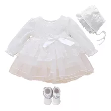 Conjunto Blanco Para Bebe, Vestido, Gorro, Calcetas Mod1