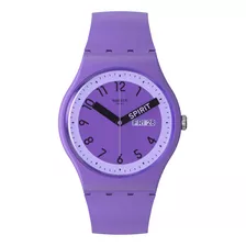Reloj Swatch Proudly Violet Color De La Correa Púrpura Color Del Bisel Púrpura Color Del Fondo Blanco