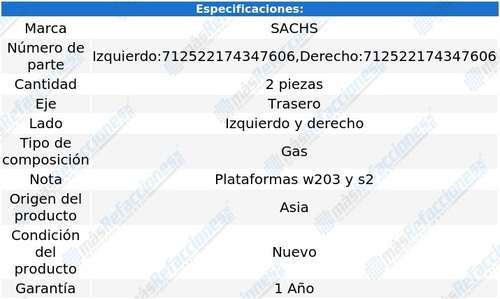 Par Amortiguadores Gas Traseros Mercedes-benz C240 01 Sachs Foto 2