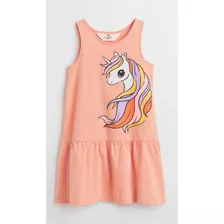 Vestido Verano Niña H&m. Salmón Con Unicornio. V Talles