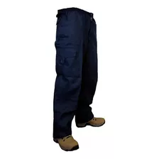 Pantalon Cargo Trabajo Gabardina Azul Cintura Elasticada