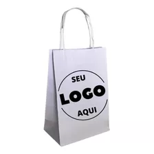 100 Sacola Personalizada Papel Kraft Branco Seu Logo 27x18x9