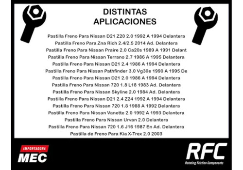 Pastilla Freno Para Nissan Vanette 2.0 1992 A 1993 Delantera Foto 2