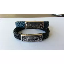 Pulseira Masculina Em Couro E Inox Modelo Motor Harley