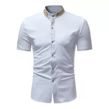 Hombre Poleras De Manga Corta Bordado Cuello Alto Tops