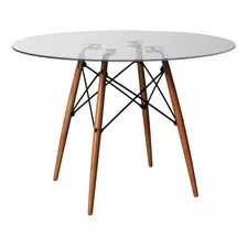 Mesa Eames 4 Lugares Base Madeira Tampo Vidro Redondo 110cm