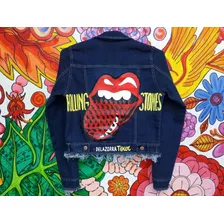 Campera Jean Azul Dama Estampa Rolling Stones Lengua Pinches