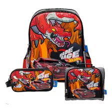 Pack Mochila Hot Wheels Rojo Oficio Lonchera Y Cartuchera