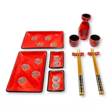 Set De Sushi Para 2 Rojo Con Negro 11 Piezas Porcelana