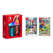 Nintendo Switch Oled Neon + Juegos Smash Bros Mario Party 