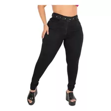 Calça Jeans Plus Size Cintura Alta Preta Lisa Cinto Forrado