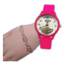 Kit Relógio Silicone Pink Feminino + Pulseira Aço Inox