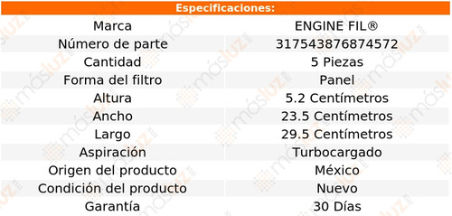 Paq 5 Filtros De Aire 9-3 2.8l 6 Cil 2006/2009 Engine Fil Foto 2