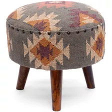 Taburete Kilim De Madera De Tamaño Pequeño Con Acabad...