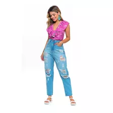 Calça Mom Jeans Feminina Adulto Destroyed 34 Ao 50