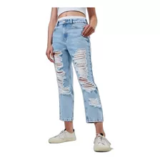 Calça Jeans Reta De Cintura Alta Com Rasgos