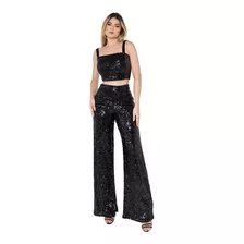 Conjunto Calça Pantalona Festa Brilho Paetê E Cropped #cj74