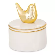Caixa Redonda Pássaro Dourado E Branco Em Cerâmica 8950 Mart